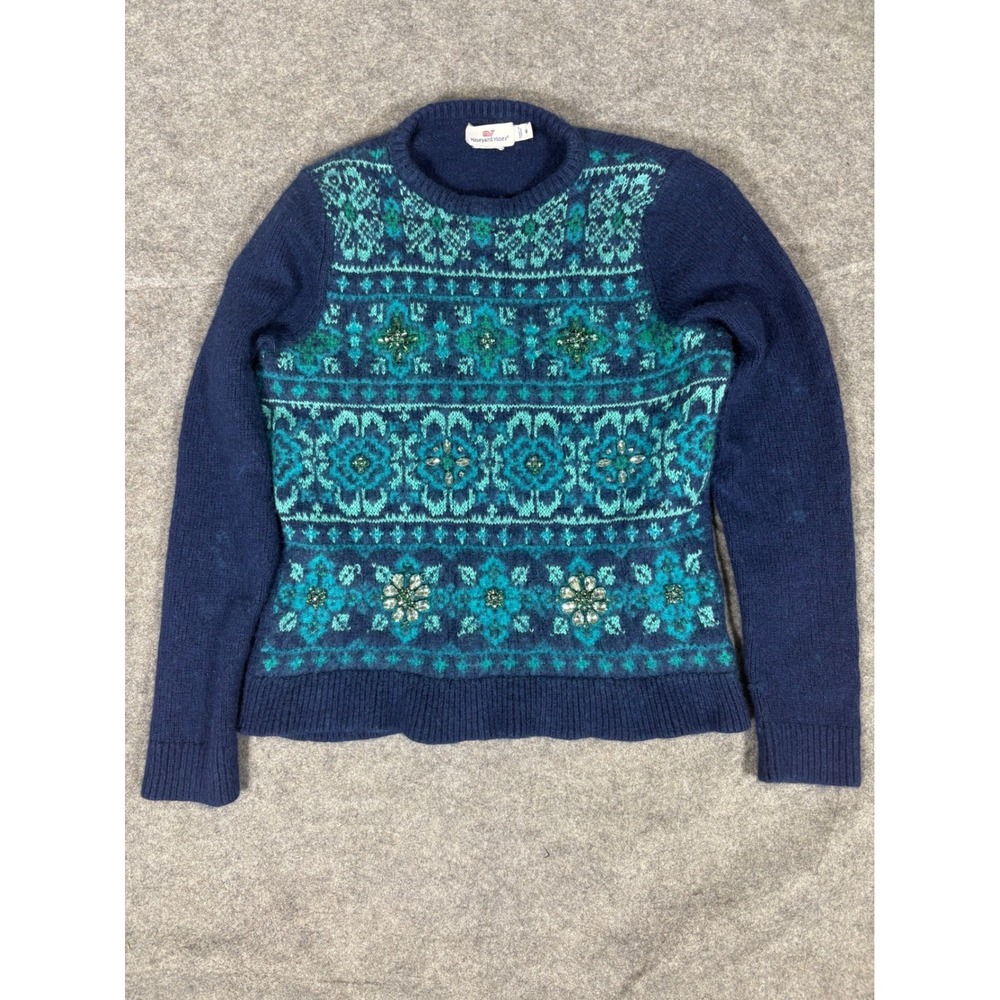 Vineyard Vines Fair Isle Sweater Navy Blue Green Beaded Cashmere Blend Women's M